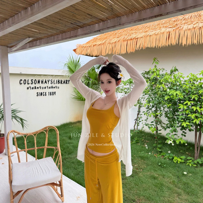 Casual Women's Summer Suit with Padded Camisole, Tencel Knit Cardigan, Sun Protection Outerwear, Low-Waist Straight-Leg Pants