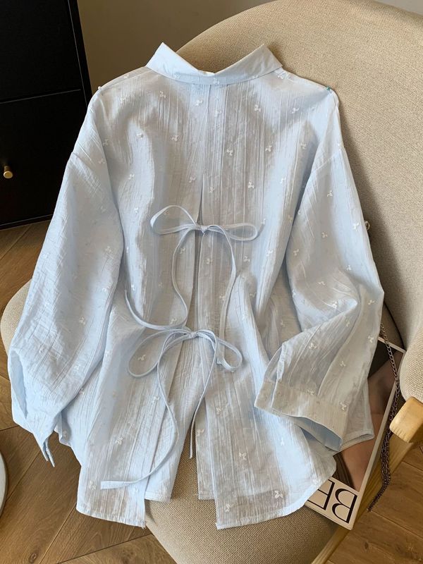 蓝色蝴蝶防晒衬衫外套女夏季薄款外搭开衫衬衣后背镂空慵懒风上衣|undefined