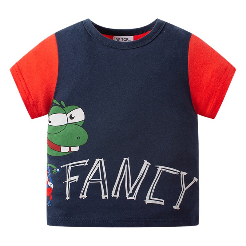 Camiseta de manga corta para niños, nueva versión coreana, con dibujos animados de dinosaurios, bloques de colores, para verano, 2025, 100% algodón, envío directo.