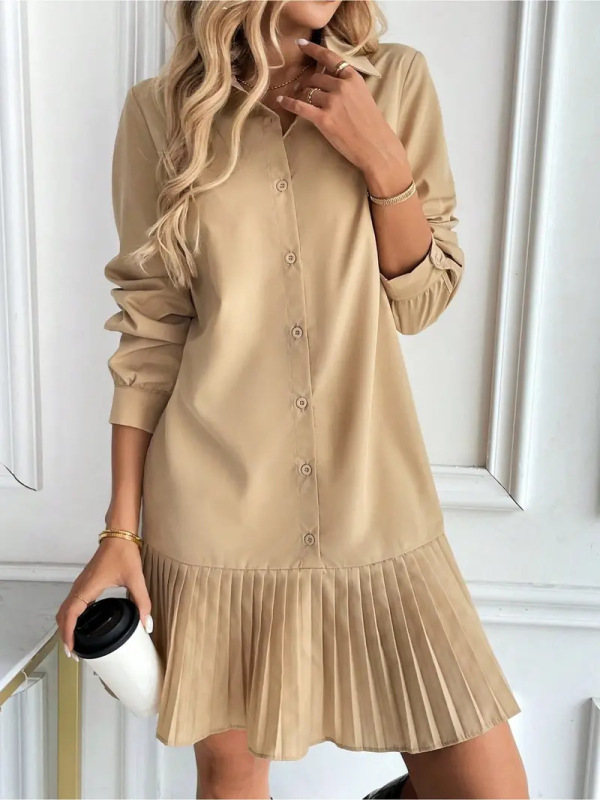 2025 秋冬対外貿易ヨーロッパとアメリカのクロスボーダー婦人服プリーツスプライシングドレスシャツ襟ツイストボタンカジュアルスカートシャツドレス|undefined