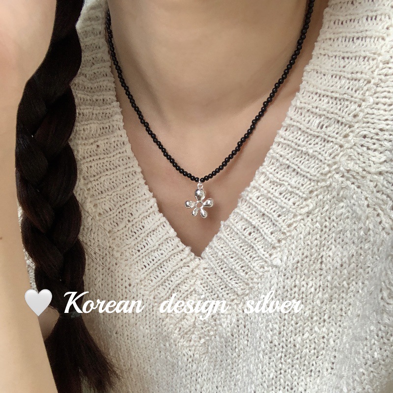 韓國ins風銀飾品 批發 S925純銀花朵黑瑪瑙項鍊 顯鎖骨時髦小眾女