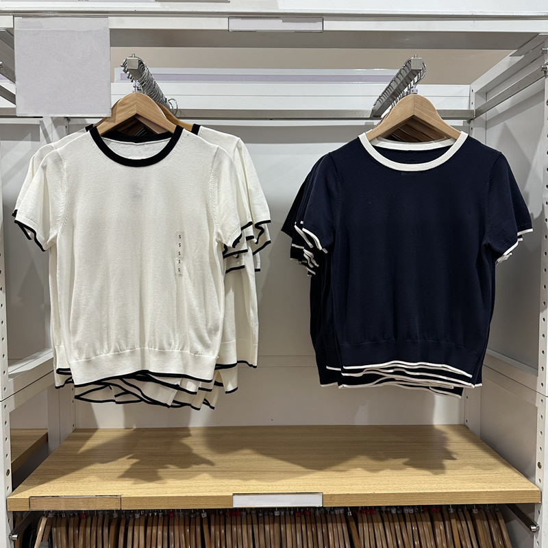 Japanese-Style Women's Modal Cotton Blend Round Neck Color-Block Knit Short-Sleeve Sweater 2026 New Model 485223 Japanese-Style Women's Modal Cotton Blend Round Neck Color-Block Knit Short-Sleeve Sweater 2026 New Model 485223