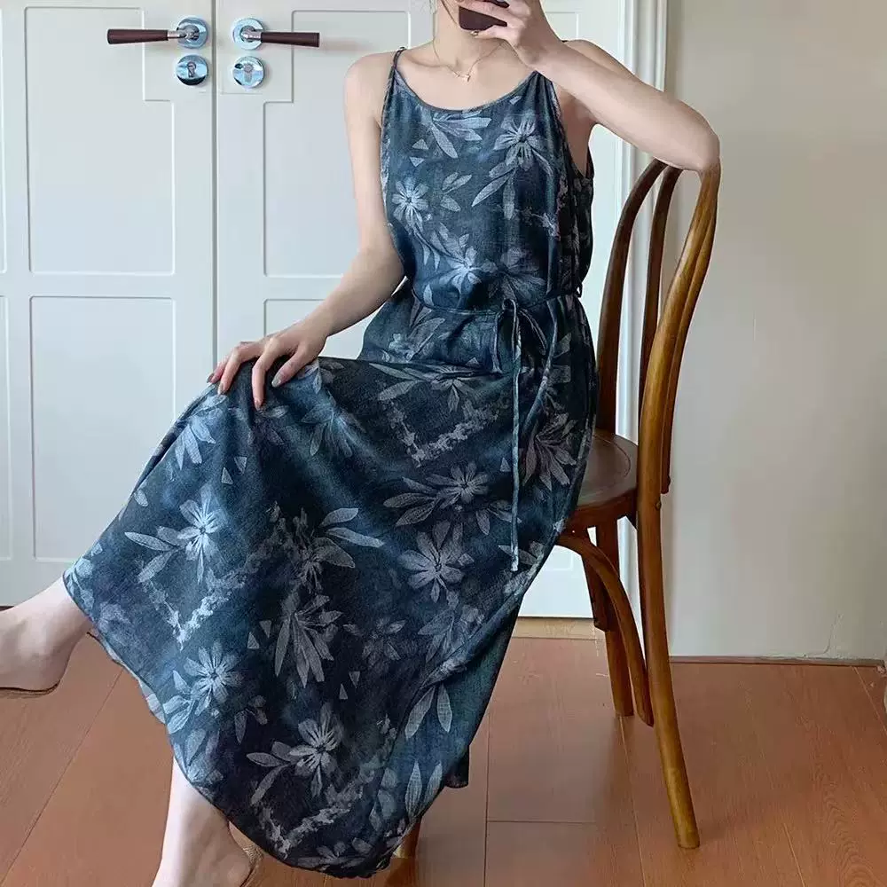 吊带棉绸睡裙女绑带收腰显瘦印花长裙宽松连衣裙可外穿绵绸裙