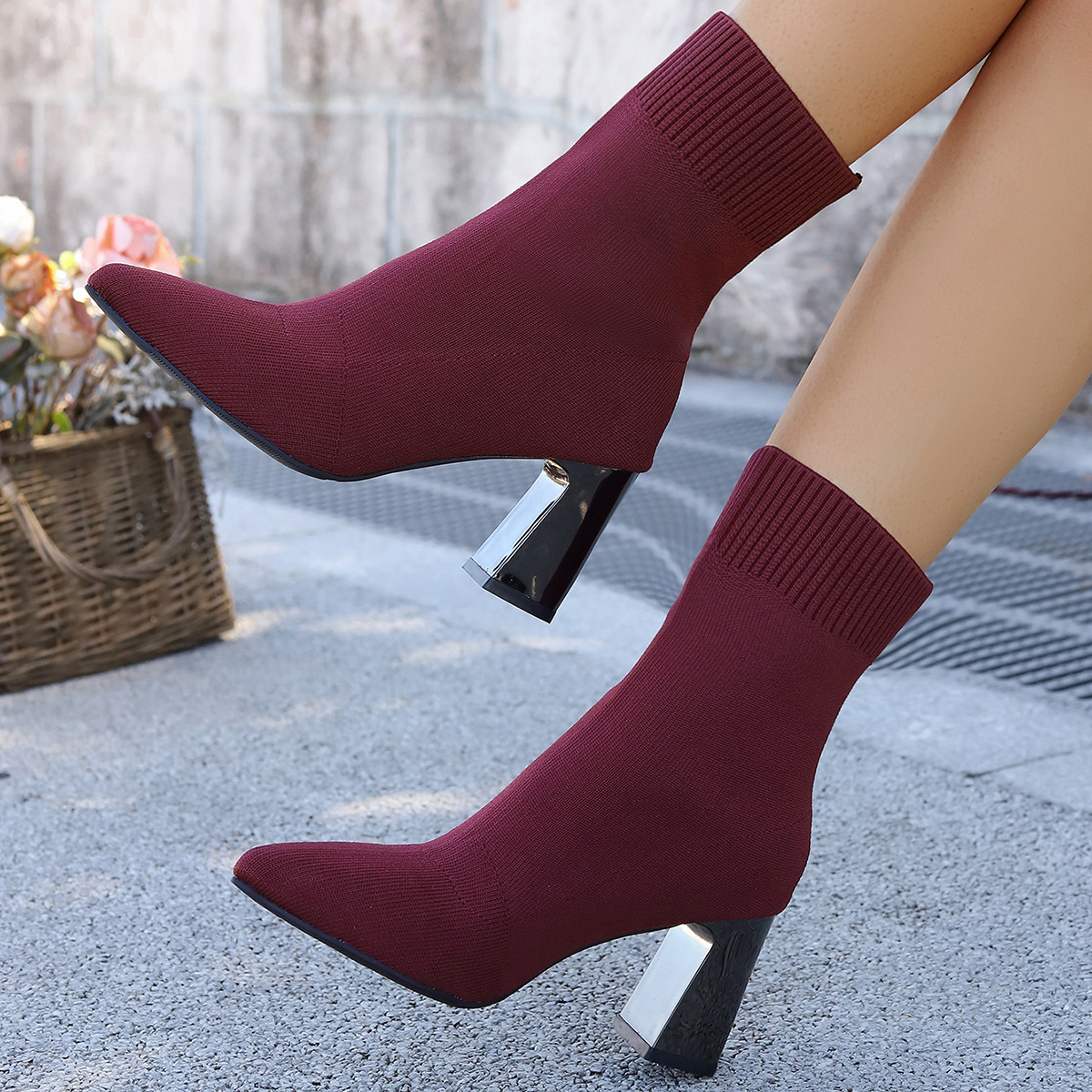跨境大码弹力粗跟瘦瘦靴子针织袜靴黑色方头高跟鞋短靴女冬季新款