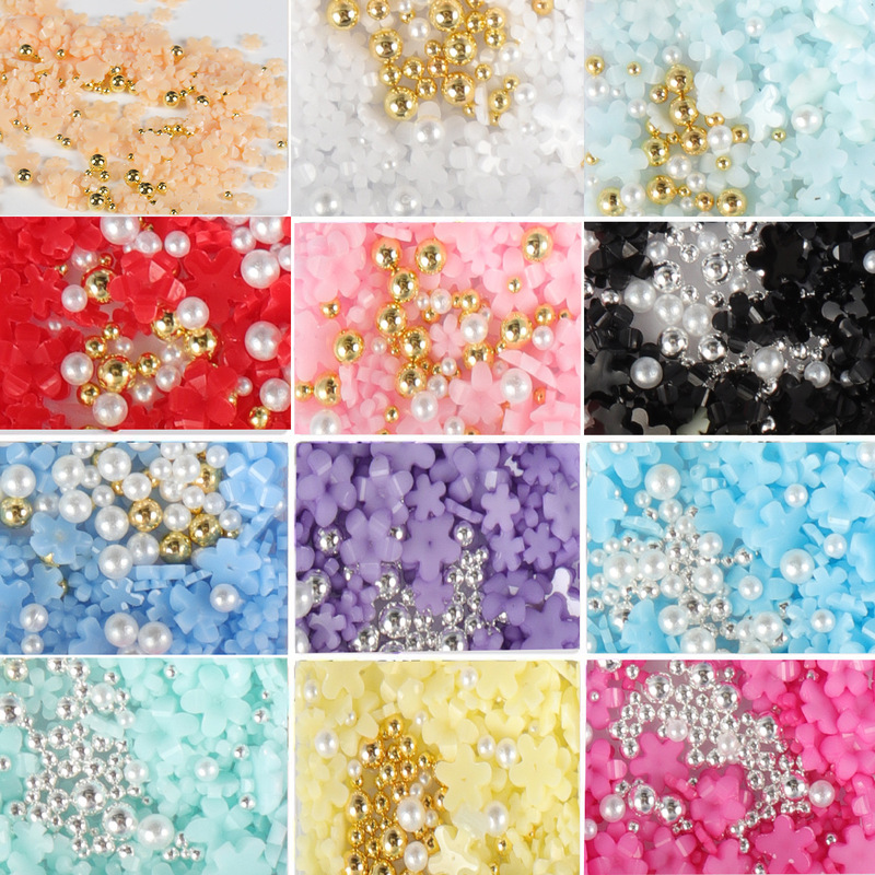 Nail Art Five-petal Flower Jewelry Bag White Pink Acrylic Flower Jewelry with Gold and Silver Beads Pearl Resin Flower Nail Art Five-petal Flower Jewelry Bag White Pink Acrylic Flower Jewelry with Gold and Silver Beads Pearl Resin Flower