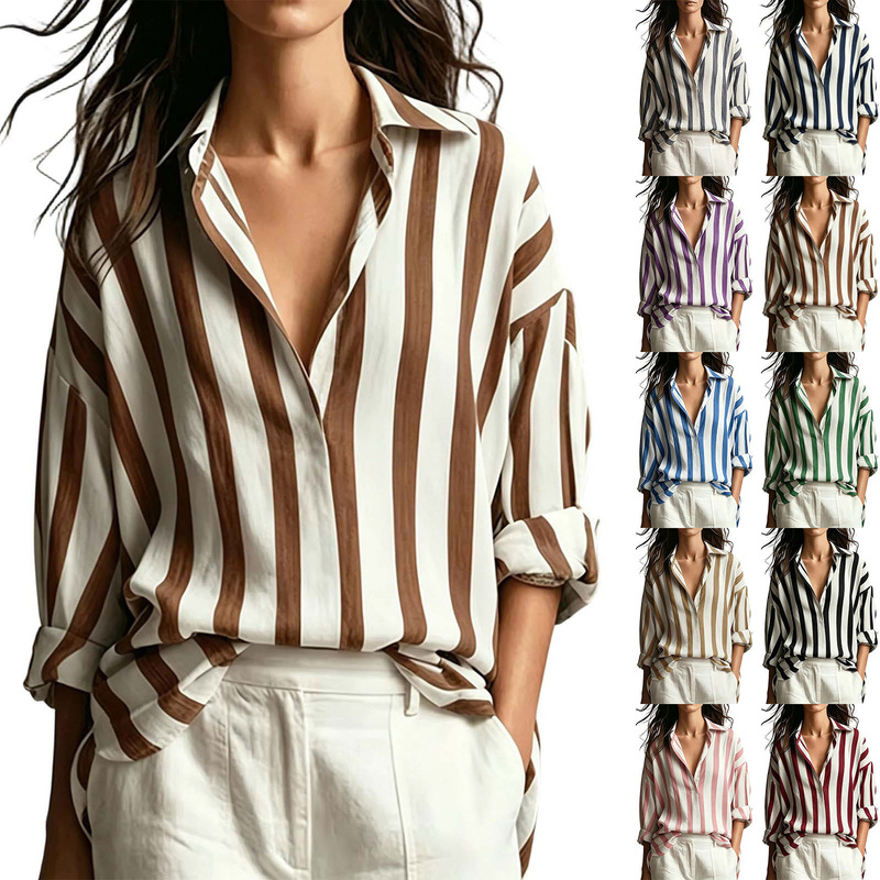 European and American Cross-Border Amazon New Striped Shirt with Collar, Long-Sleeve Shirt with Buttons, Regular Casual Everyday Top Shirt European and American Cross-Border Amazon New Striped Shirt with Collar, Long-Sleeve Shirt with Buttons, Regular Casual Everyday Top Shirt