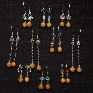Natural old beeswax flower wax earrings retro 925 silver inlaid earrings Ketang jewelry origin wholesale
