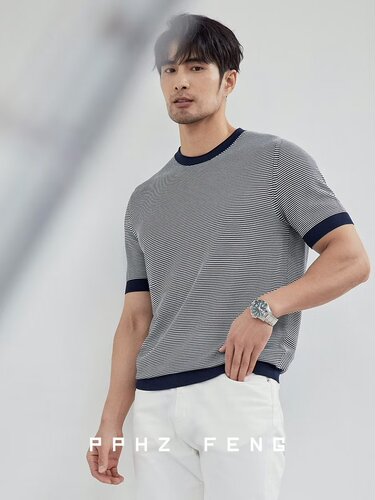 Ice Silk Round Neck Knit Short Sleeve Summer T-Shirt with Fine Stripes Half Sleeve Base Layer Thin Collor Blocking T-Shirt with Nautical Print