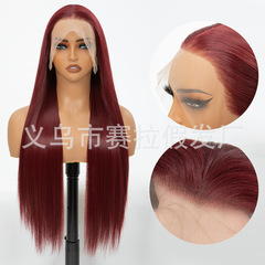 ヨーロッパとアメリカのクロスボーダー女性のロングストレートヘア人毛ふわふわミドル分けかつら義烏工場スポット卸売フロントレース化学繊維ヘア