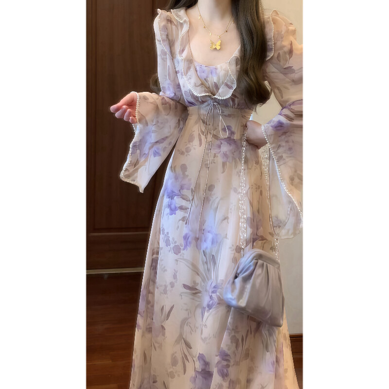 Beach Resort Style French Long Dress for Women, Gentle Iris Flower Print, Ruffled Bell Sleeves, Waist-Cinching Slim-Fit Dress Beach Resort Style French Long Dress for Women, Gentle Iris Flower Print, Ruffled Bell Sleeves, Waist-Cinching Slim-Fit Dress