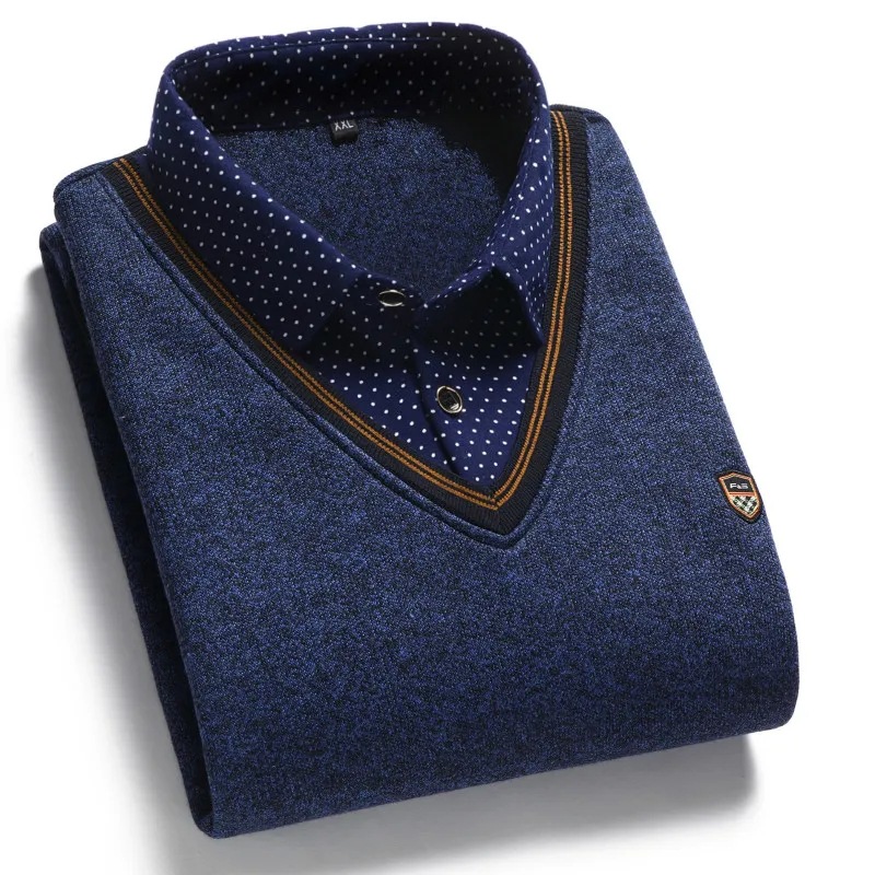 2021 Spring New Men's Fake Two-Piece Shirt Collar Sweater Men's Middle-Aged and Elderly Llip Base Knitwear
