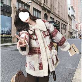 2023红色格子秋冬复古拼接羊羔加厚新款棉服宽松小个子外套
