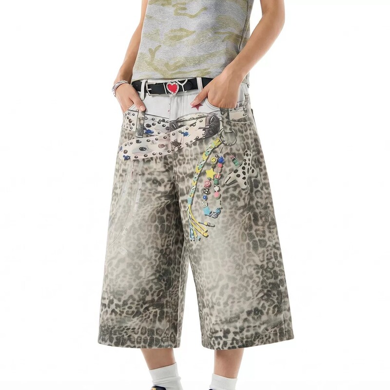 American Retro Street Style 3D Printed Leopard Print Wide-Leg Cropped Pants for Women, Summer Design with a Vintage Feel, Loose Casual Pants