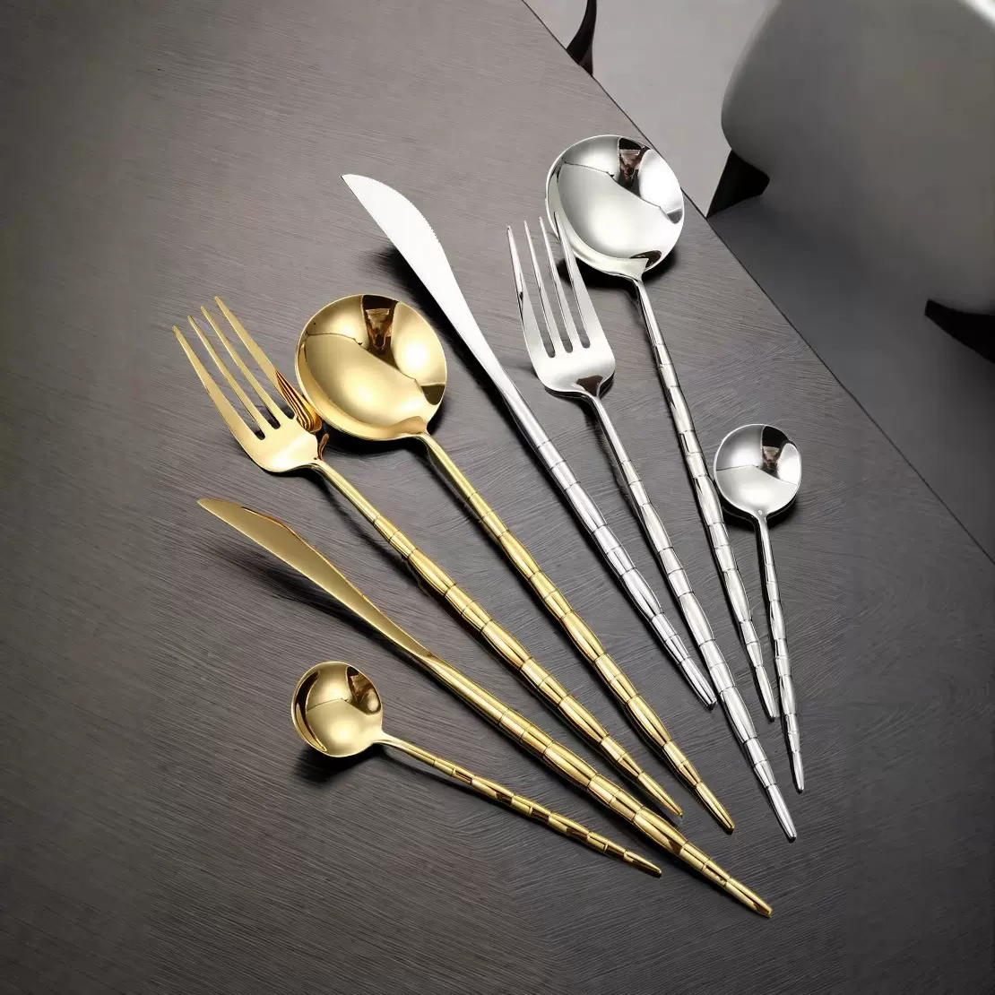 跨境304不锈钢竹节柄西餐具刀叉勺四件套酒店餐具牛排刀叉甜品勺