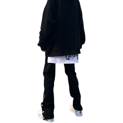 Men's Black High Street Pants, Ins Hip-Hop Trendy Tapered Zipper Split Button Denim Streetwear Brand Casual Straight Leg Pants