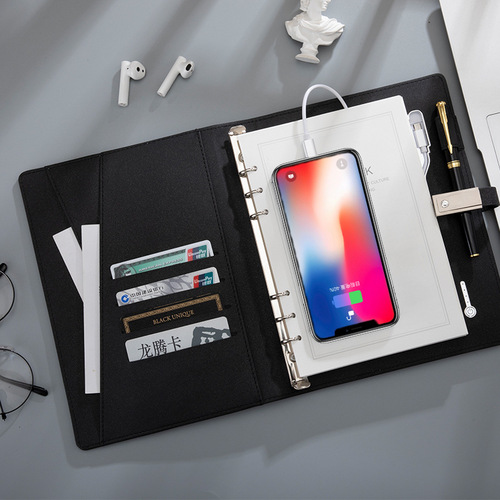 Leather-like wireless charging notebook customized rechargeable notebook mobile power note book with USB flash drive business gift 