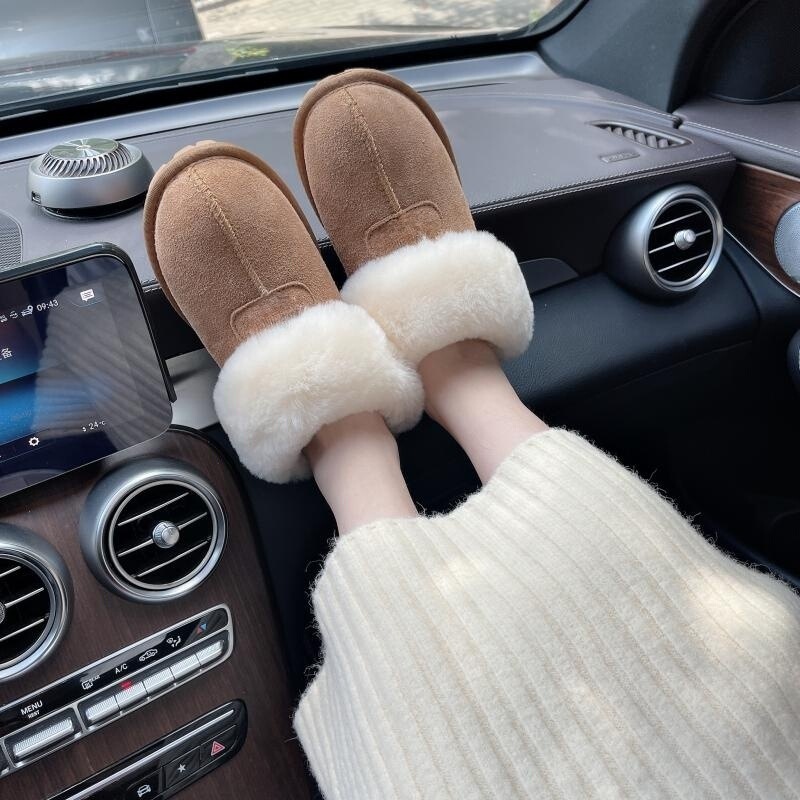 Winter Home Baotou Slippers Women's Cowhide Wool Mouth Casual Outdoor Snow Boots fleece-lined Warm Non-slip Beef Bottom