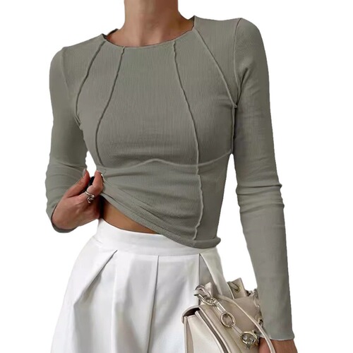 2024 Shein New Spring/Summer Cross-Border E-commerce Sweet & Spicy Solid-Color Split-Chest Long-Sleeve Crewneck T-Shirt