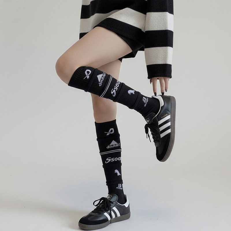 Black Dou Multi-Layered Calf Socks for Women with Letters, Sports Style Sexy Football Socks, Long Tube Socks, Popular Ins Trendy Socks