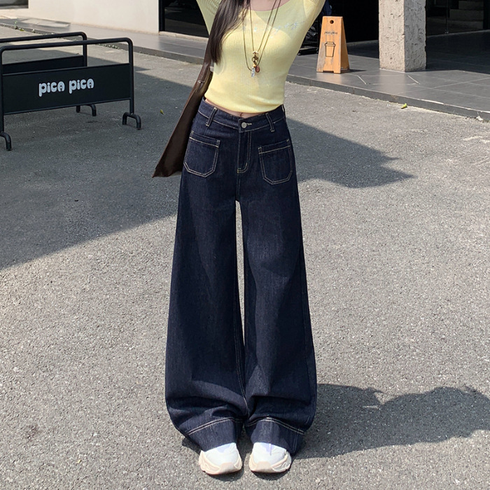 水洗深蓝色牛仔裤垂感直筒阔腿裤女秋季高腰宽松拖地裤百搭长裤子|undefined