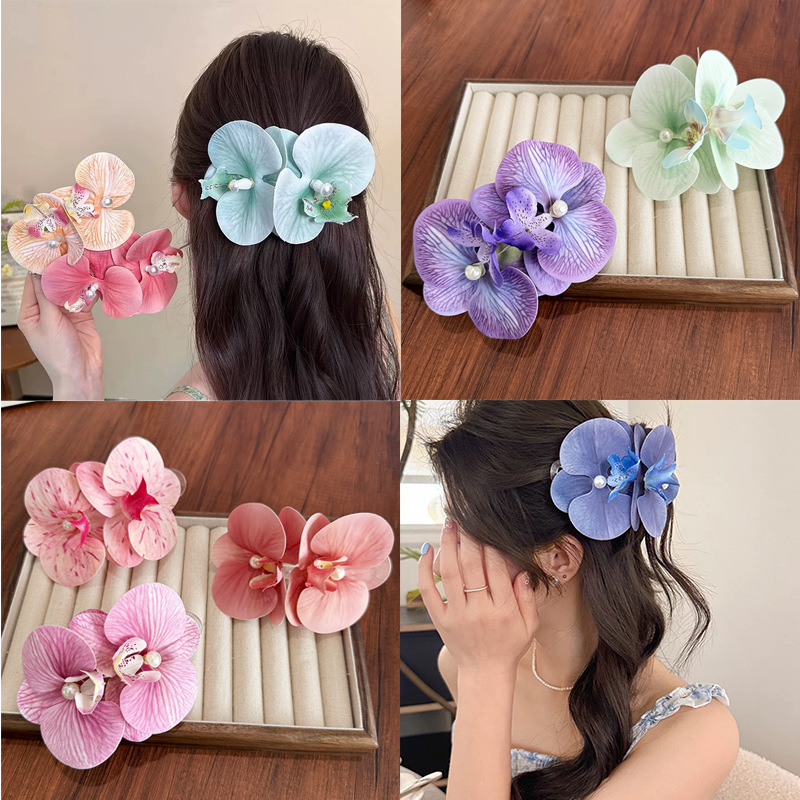 春夏大号蝴蝶兰发夹女超仙仿真花朵鸭嘴夹边夹森系后脑勺盘发发卡