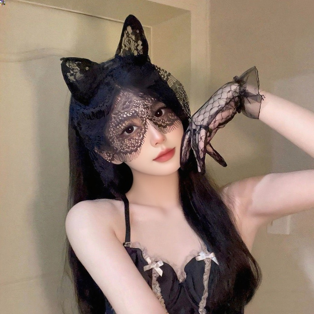 Negro sexy orejas de gato diadema de encaje femenino máscara de ojo cara cubierta de malla horquilla tocado de Halloween