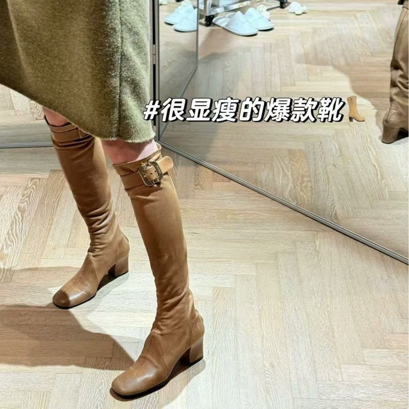 羊皮版~辣妹圆头粗跟弹力瘦瘦靴女秋季复古棕色皮带扣高跟过膝靴|undefined