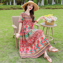 新款夏季高端棉绸连衣裙女中长款时尚洋气外穿人造棉碎花绵绸裙子