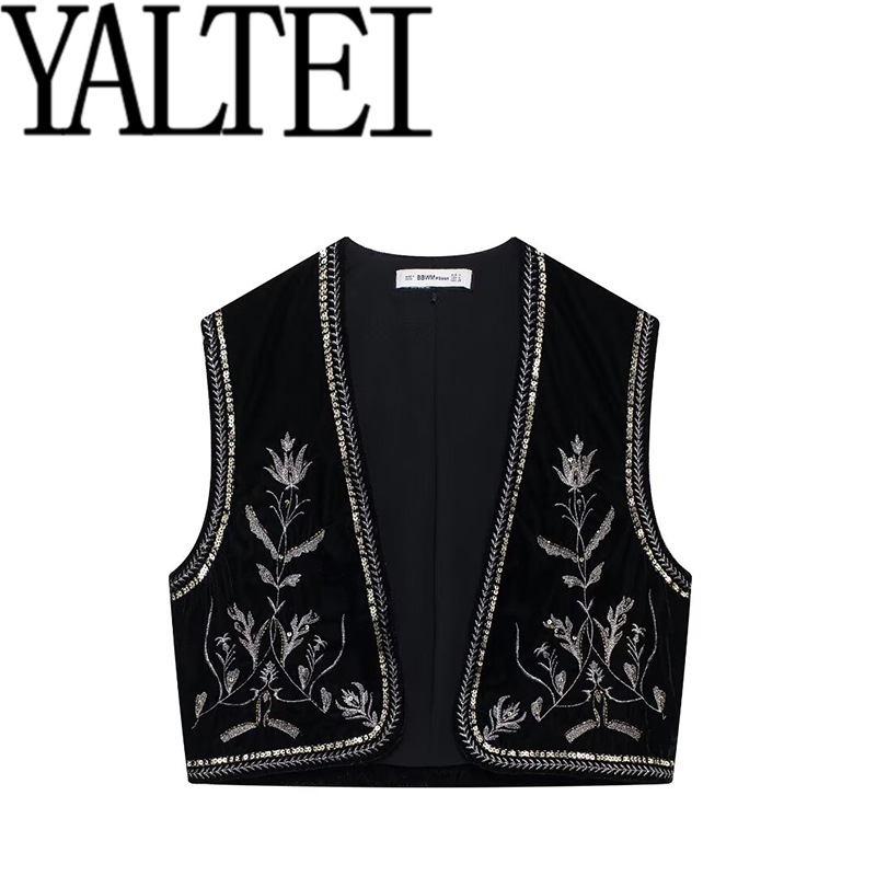 YALTEI 가을 새로운 여성 유럽과 미국 스타일 프랑스 디자인 패션 벨벳 자수 조끼 57702