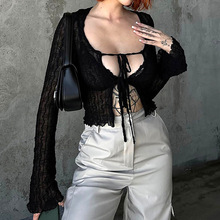 跨境外贸夏季性感纯色系带网纱ins长袖衬衫开衫上衣女 PG2741