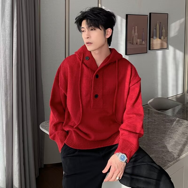 Autumn and Winter Super Good-looking Hooded Sweater Men's Half Cardigan Knitted Sweater Men's Trendy Brand Couple Pullover Top High-end Sense