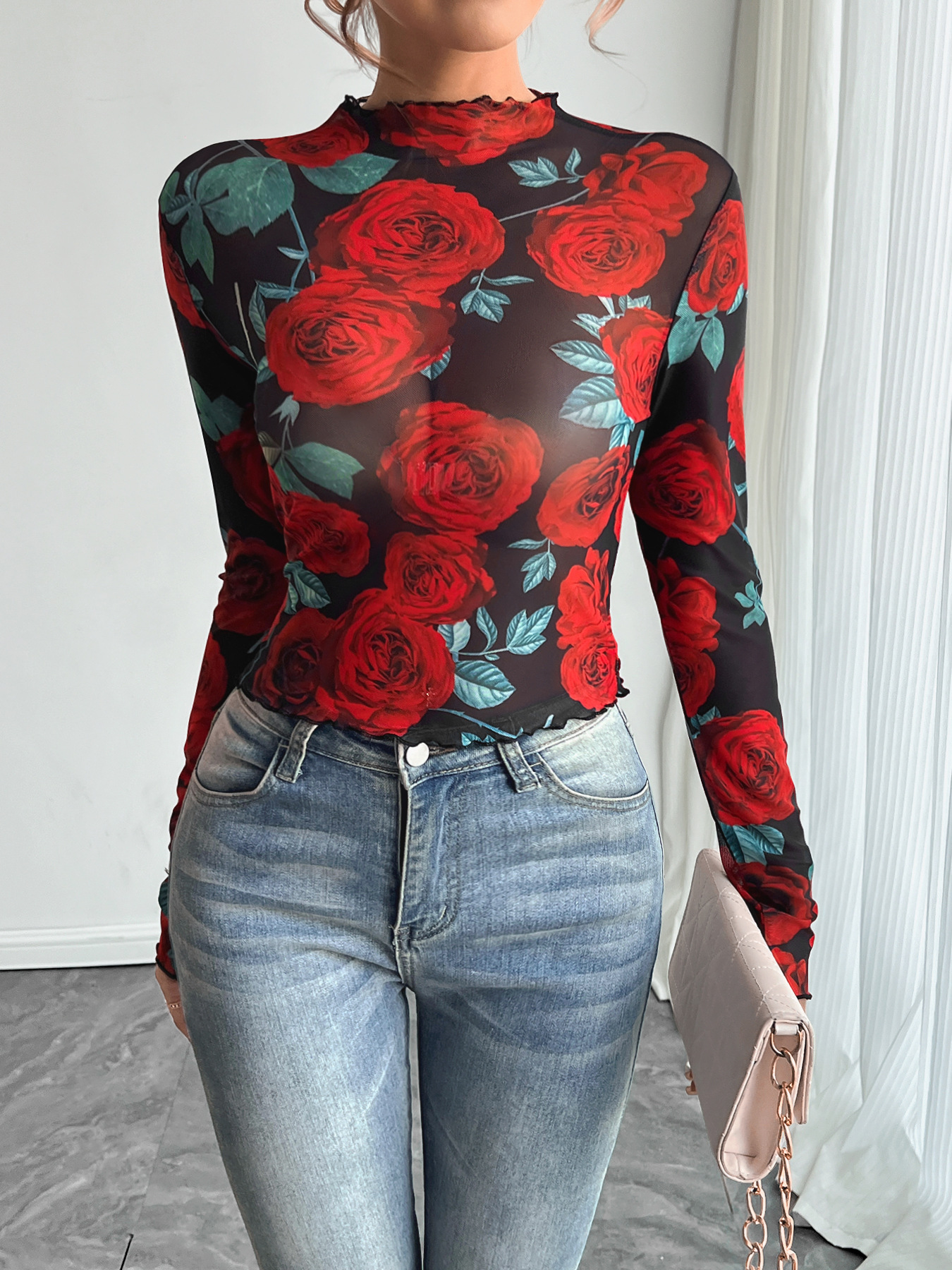 Amazon transfronterizo europeo y americano 2026 nuevo estilo femenino rosa transparente estampado floral de manga larga cuello pequeño