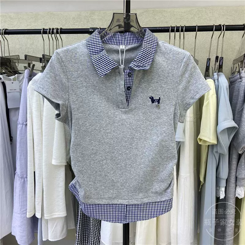 Polo领假两件格子拼接短袖T恤女夏季新款修身独特漂亮设计感上衣