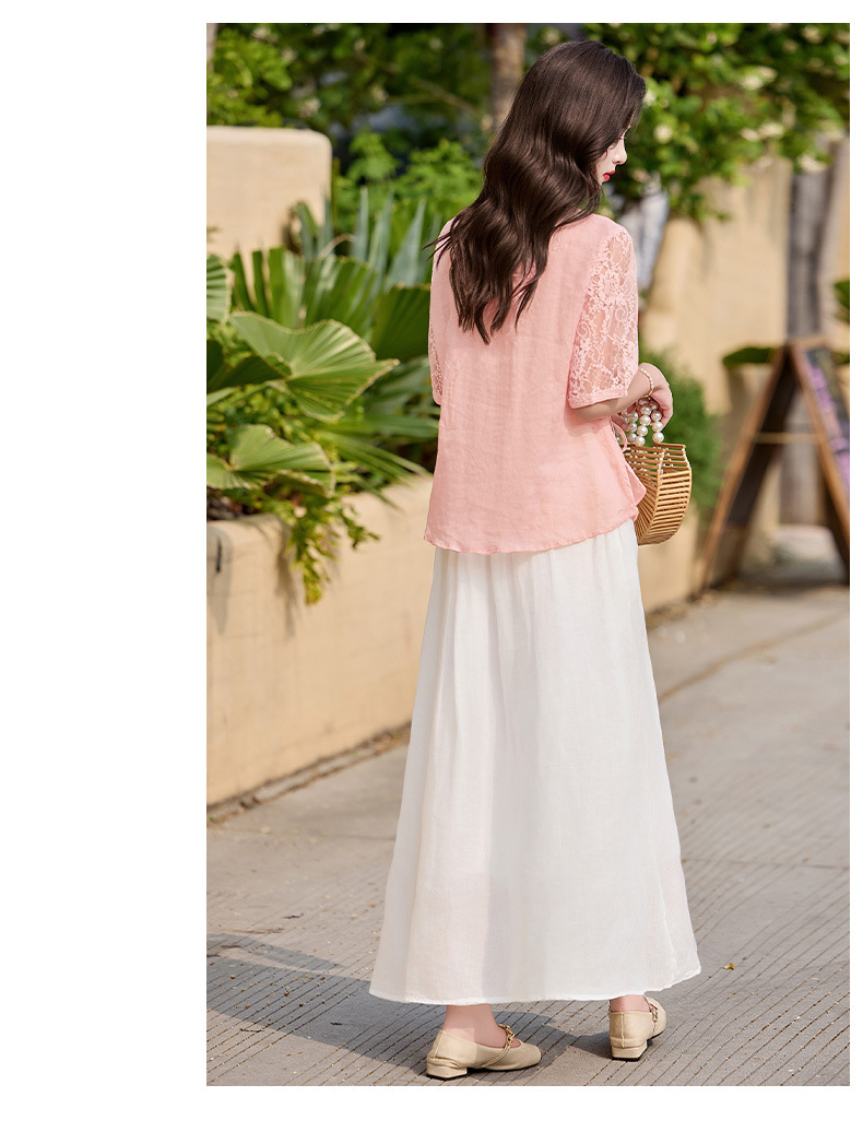 Bộ đầm tân cổ điển nữ hai mảnh áo phối chân váy midi thắt eo — Màu hồng, màu trắng ngà chi tiết 15