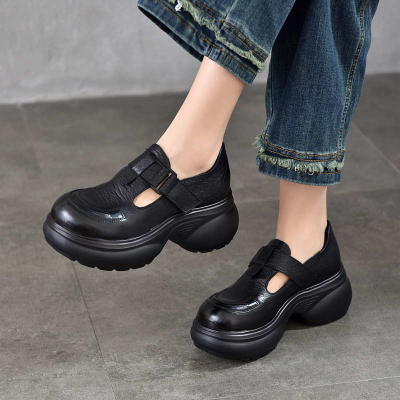 Tianige Retro Round-Toe Thick-Soled Genuine Leather Women's Shoes 2026 Autumn New Comfortable Versatile Cowhide Platform Shoes
