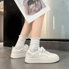 舒適透氣百搭小白鞋女2024春季新款運動休閒系帶拼色低幫防滑板鞋
