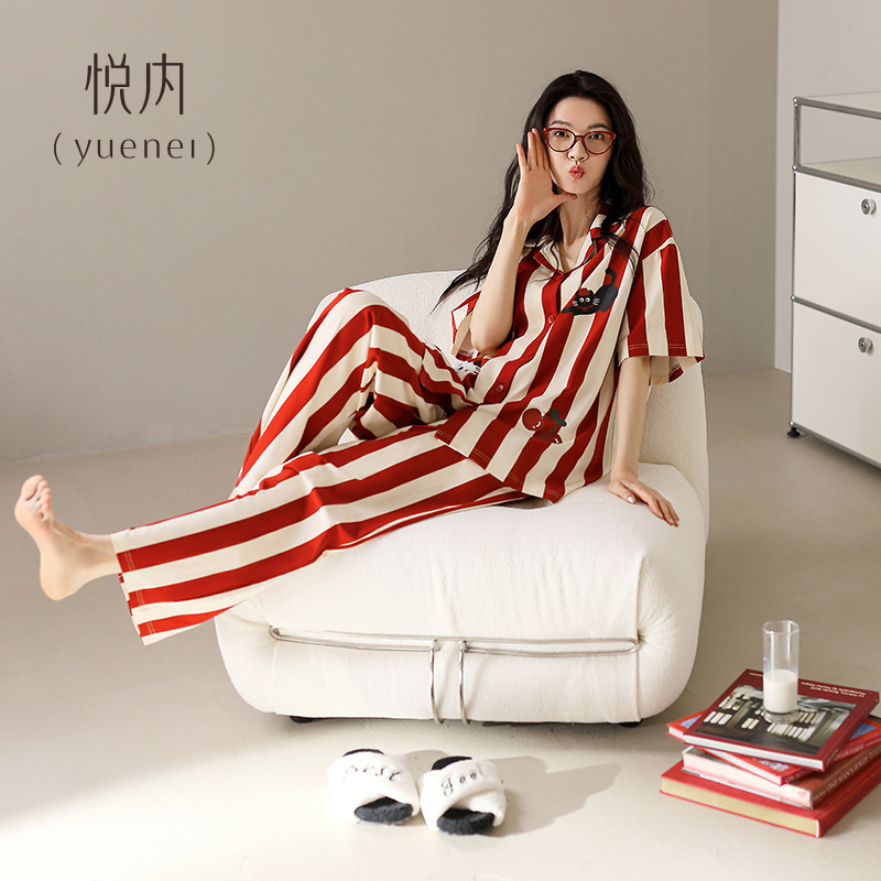 悦内带胸垫睡衣女款夏季夏天纯棉短袖长裤家居服时尚大红色本命年|undefined