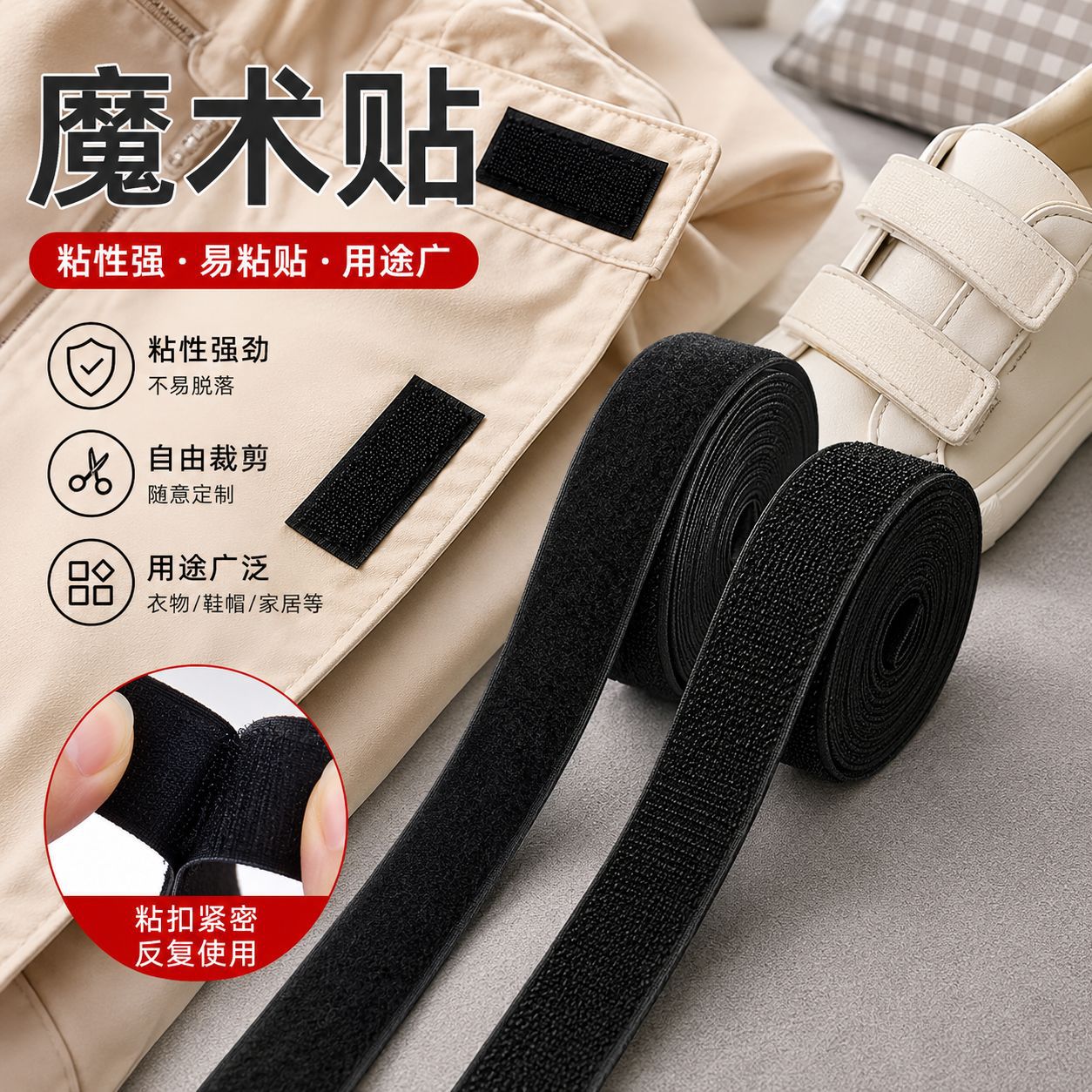 魔术贴门帘窗帘衣服冲锋衣鞋子勾毛一体单面自粘贴背胶免打孔安装