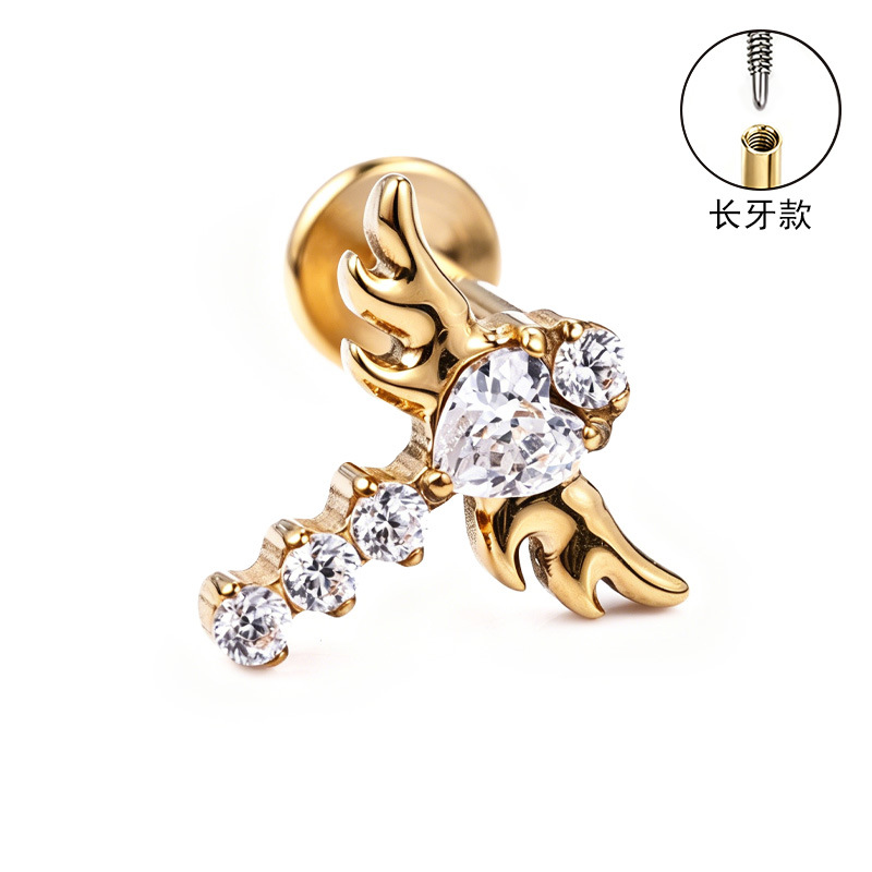 F136 Titanium Alloy Ear Studs – Finely Carved Long Tooth Ear Bone Studs with Zirconia, G23 Titanium Body Piercing Jewelry in Gold detail image 22