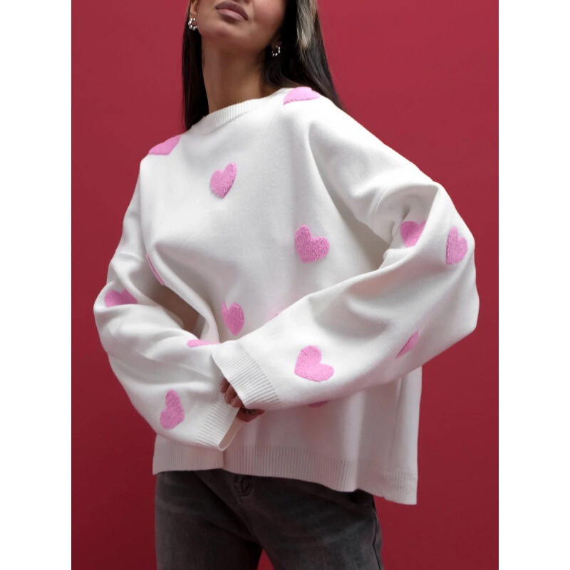 Love Embroidered Round Neck Autumn and Winter Knitwear for Women Cross-Border Wholesale European and American 2025 Loose Casual Thickeneded Top Knitwear