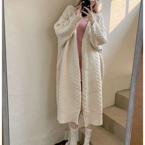 Retro lazy style versatile knitted hemp pattern autumn and winter loose, thick and warm long cardigan sweater jacket for women