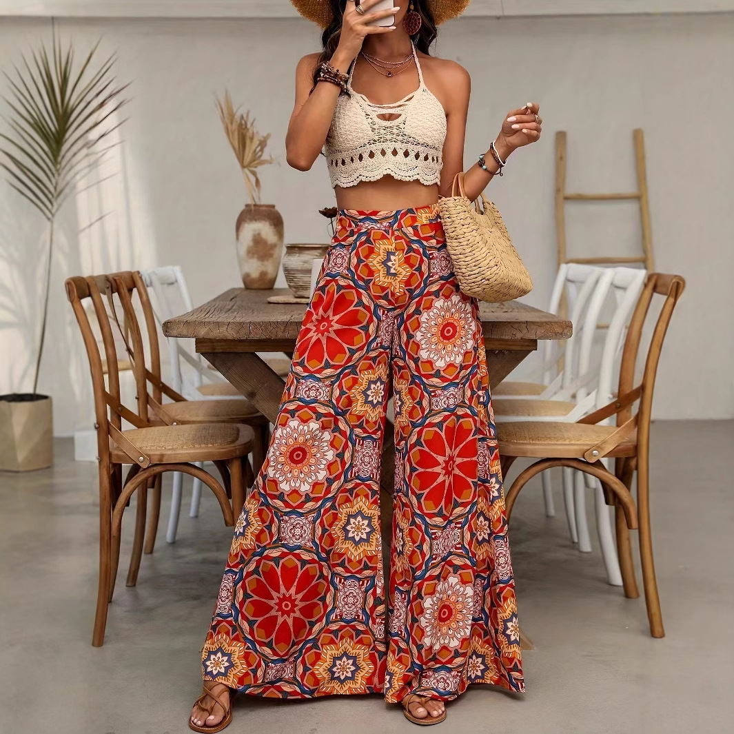 2025 Spring New European and American Trousers High Waist Fashion Casual Bohemian Vacation Wide Leg Printed Women's Clothing