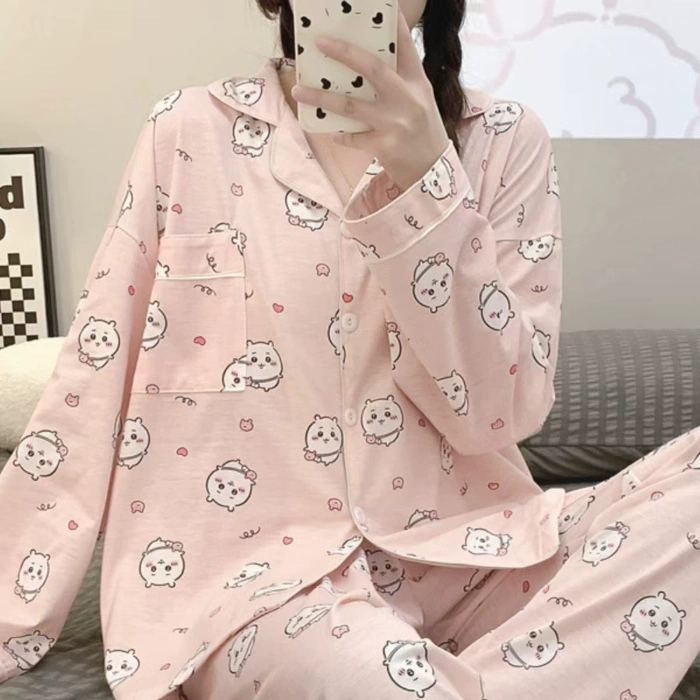 Осенняя милая пижама Hello Kitty, фуксиевая кардиган-стиль, различные принты, размеры M–XXL