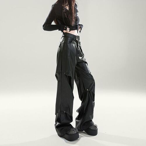 Black High-Waisted Slim Wide Leg Leather Pants for Women, Fashion Design, Unique, Floor-Length Pants for Spring and Autumn 2025