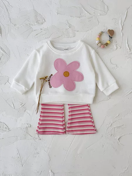 Ins New Korean Style Infant Suit Spring & Fall Baby Girl Flower Patch Long-Sleeved Stripesd Slightly Flared Two-Piece Set Comfortable