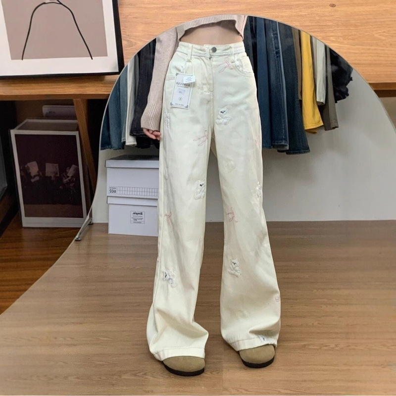 2025 New Cute Bear Embroidered Bow Jeans Women's Spring Loose High Waist Dose Casual Long Pants