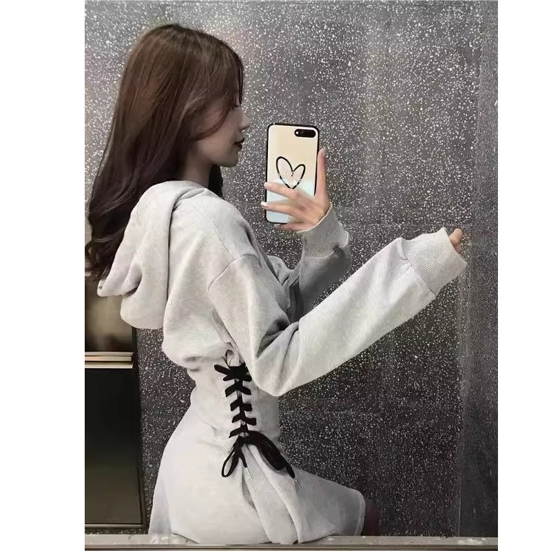 绑带收腰连帽长袖连衣裙女春秋中长款卫衣裙2025新款复古甜酷短裙|undefined