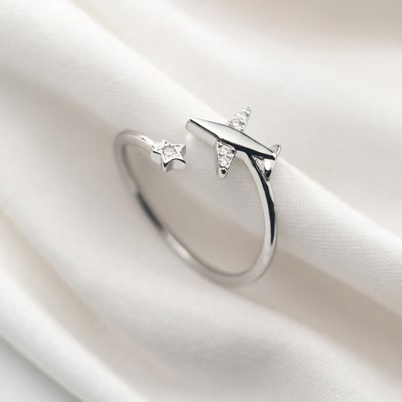 Minimalist Zirconia Airplane Ring Elegant Designer Open Ring_voghion.com