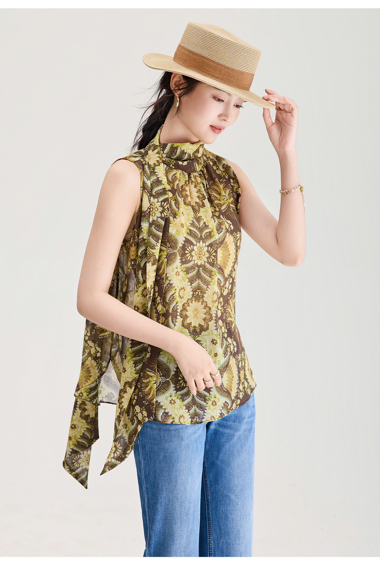 Áo hai dây nữ chất liệu chiffon in hoa, phối dây lụa, phong cách thanh lịch mùa hè — màu xám chi tiết 18