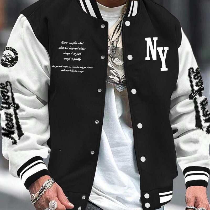 Men's American-style baseball jacket with NY letter print, loose fit, trendy street casual jacket Men's American-style baseball jacket with NY letter print, loose fit, trendy street casual jacket